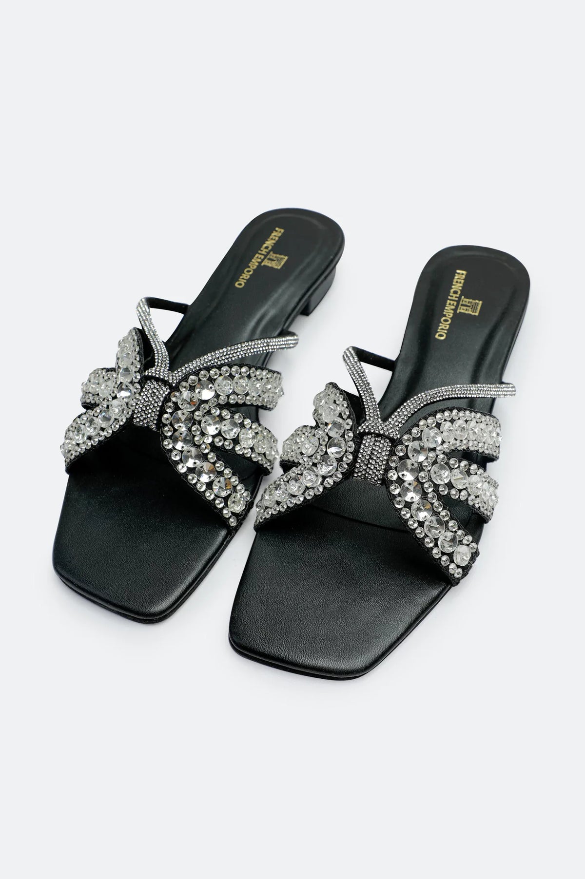 Black Crystal Bow Slides Slippers