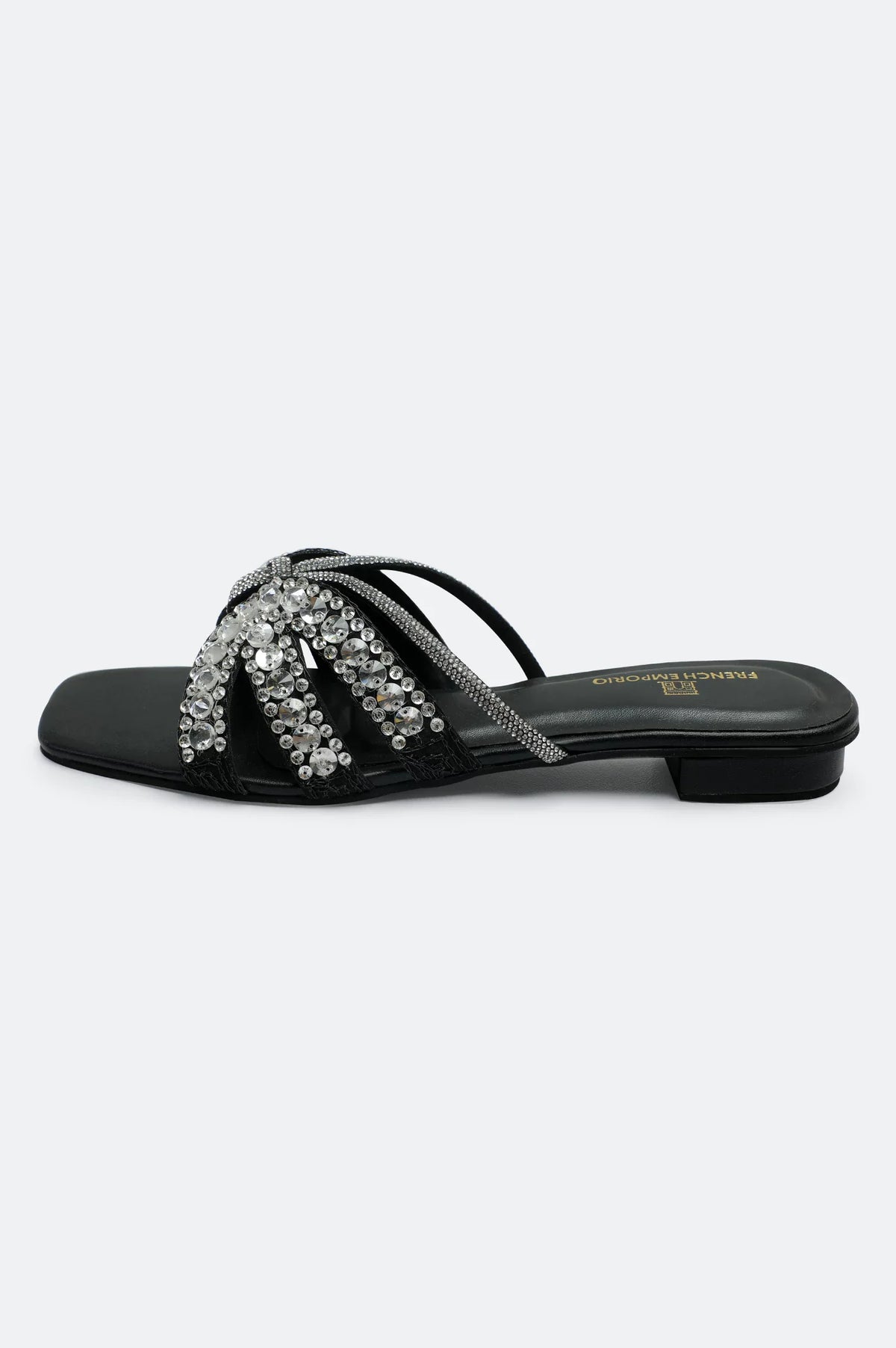 Black Crystal Bow Slides Slippers