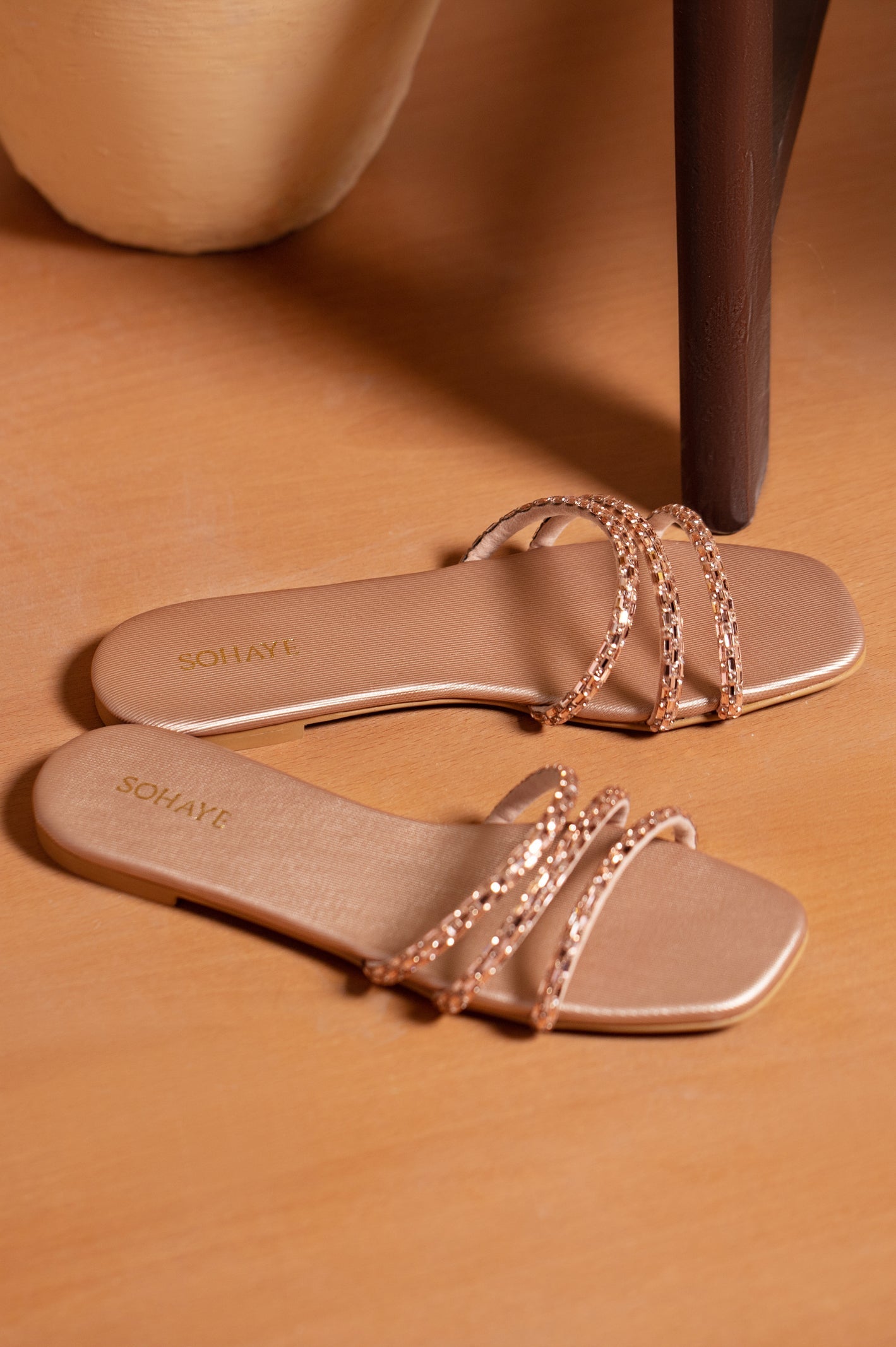 Sohaye Embellished Rose Gold Slides for Women's SKU: FWSL002-PINK - Diners