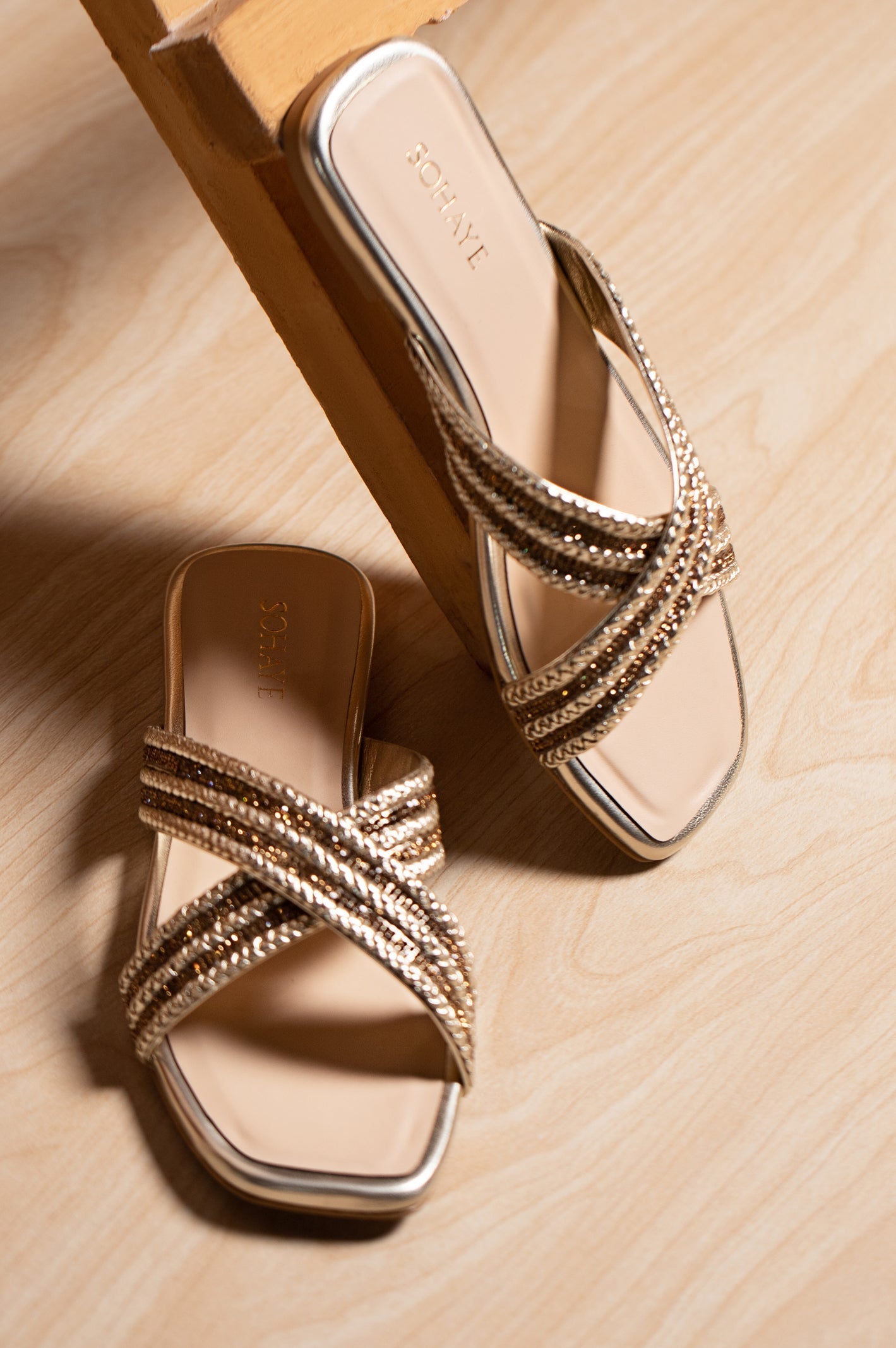 Sohaye Shimmery Gold Slides Slippers for Women's SKU: FWSL013-GOLDEN - Diners