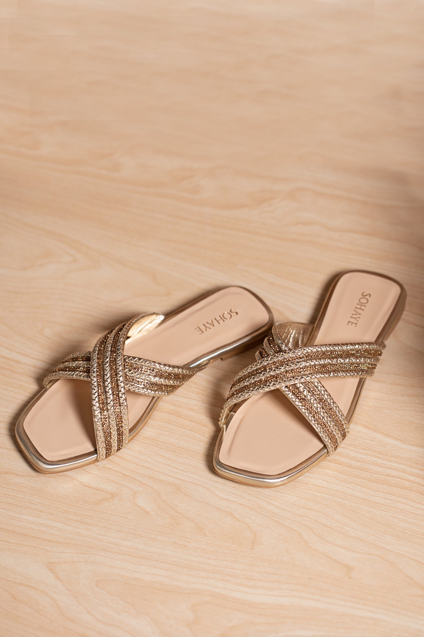 Sohaye Shimmery Gold Slides Slippers for Women's SKU: FWSL013-GOLDEN - Diners